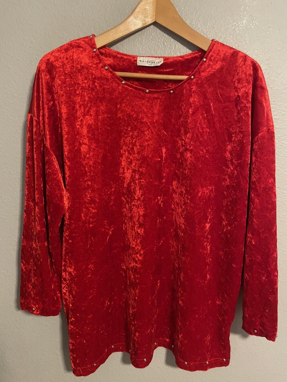 Match Point Womens Top Large Red Crushed Velvet Studded Long Sleeve Witchy READ